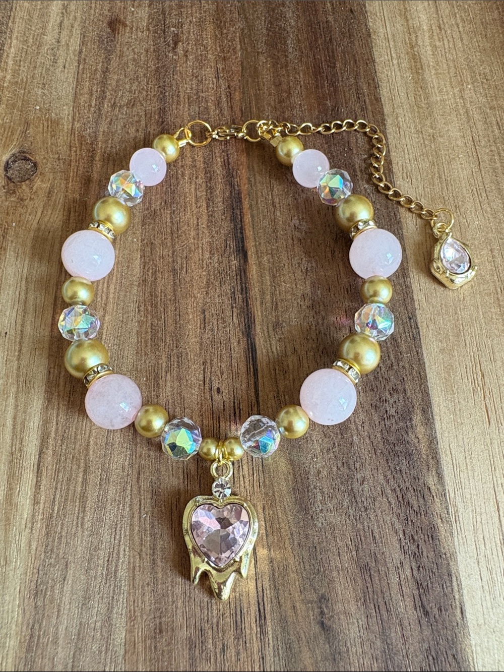 Handmade Gold & Pink Heart Pendant Beaded Bracelet